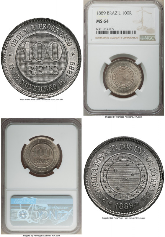 Republic 100 Reis 1889 MS64 NGC, Rio de Janeiro mint, KM492, LMB-36. The First B...