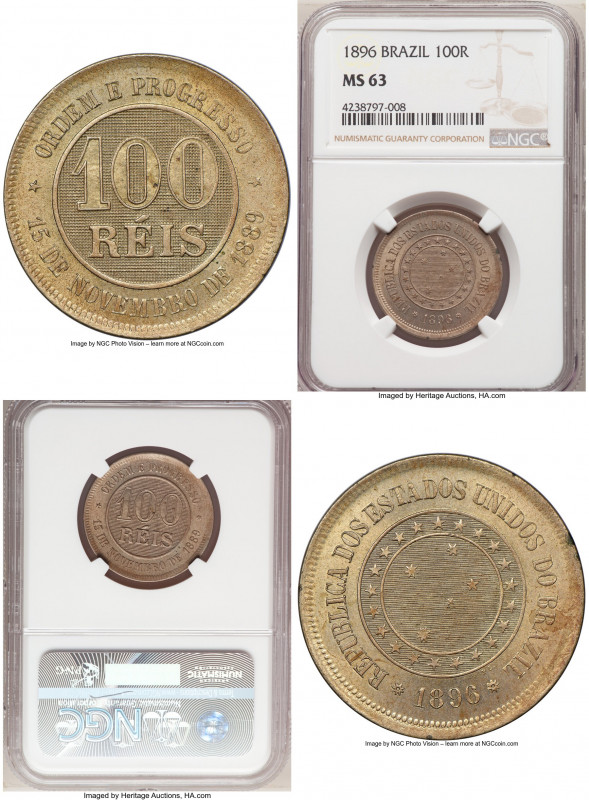 Republic 100 Reis 1896 MS63 NGC, Rio de Janeiro mint, KM492, LMB-40. Well-define...