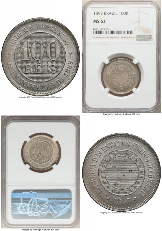 Republic 100 Reis 1897 MS63 NGC, Rio de Janeiro mint, KM492, LMB-41. Soundly str...