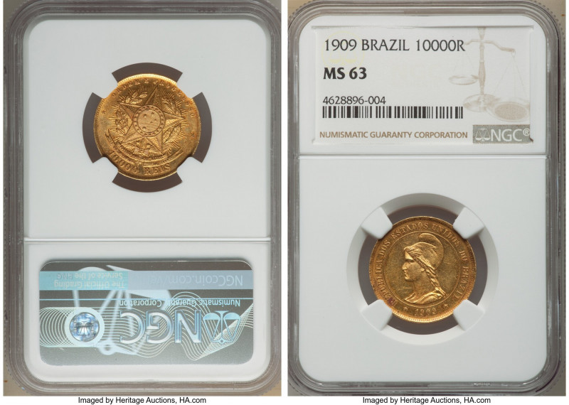 Republic gold 10000 Reis 1909 MS63 NGC, Rio de Janeiro mint, KM496, LMB-703. Min...