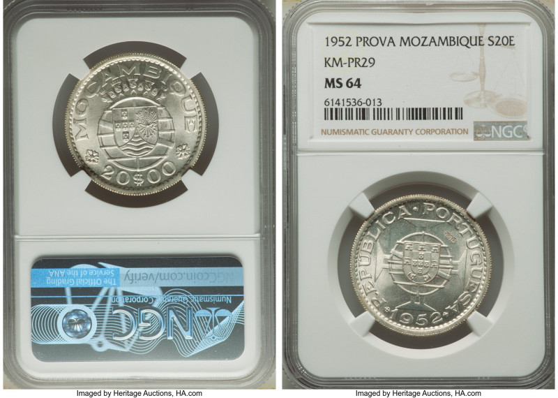 Portuguese Colony Prova 20 Escudos 1952 MS64 NGC, KM-Pr29. A near-gem icy select...