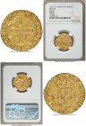 João III (1521-1557) gold Cruzado ND (from 1537) AU55 NGC, Lisbon mint, Fr-26, Gomes-163.06. 3.48gm. 2nd type, smaller flan. Legend dislocated to the ...