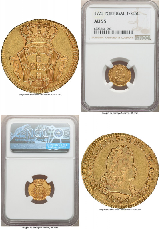 João V gold 800 Reis (1/2 Escudo) 1723 AU55 NGC, Lisbon mint, KM218.1, Gomes-110...