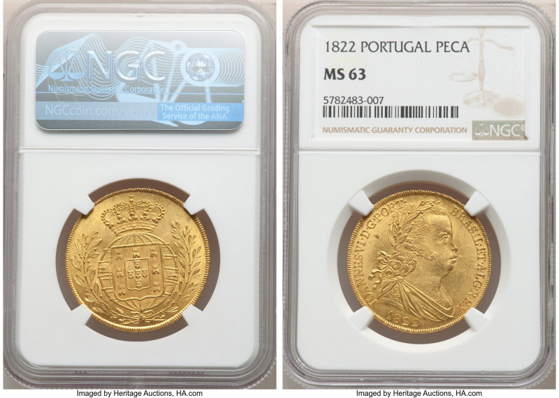 João VI gold 6400 Reis (Peça) 1822 MS63 NGC, Lisbon mint, KM364, Gomes-18.07. 9 ...