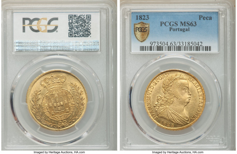 João VI gold 6400 Reis (Peça) 1823 MS63 PCGS, Lisbon mint, KM364, Gomes-18.15. 1...