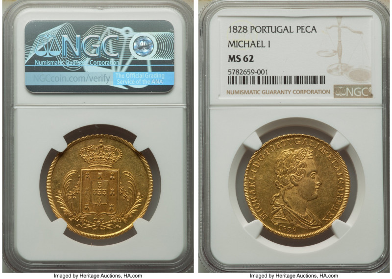 Miguel I gold 7500 Reis (Peça) 1828 MS62 NGC, Lisbon mint, KM388, Gomes-15.01. A...