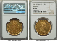 Miguel I gold 7500 Reis (Peça) 1828 MS62 NGC, Lisbon mint, KM388, Gomes-15.01. A highly coveted one-year type with outstanding quality for such scarce...
