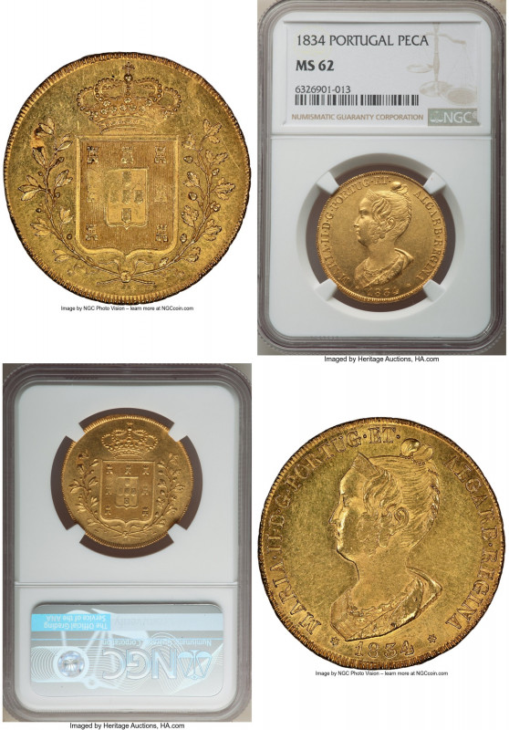 Maria II gold 7500 Reis (Peça) 1834 MS62 NGC, Lisbon mint, KM405, Gomes-19.01. P...