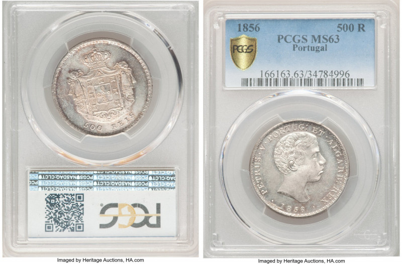 Pedro V 500 Reis 1856 MS63 PCGS, KM494, Gomes-07.02. Conservatively graded, show...