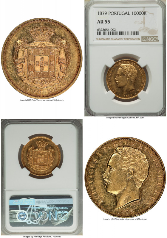 Luiz I gold 10000 Reis 1879 AU55 NGC, KM520, Gomes-17.03. Only lightly handled, ...