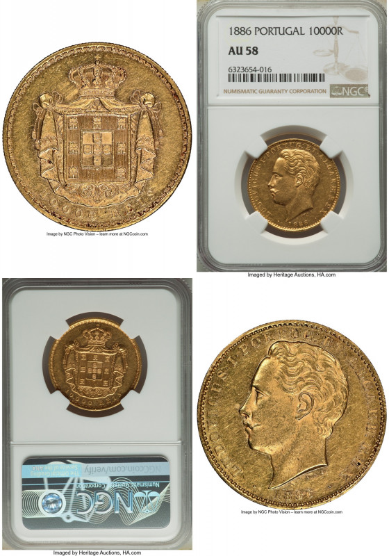 Luiz I gold 10000 Reis 1886 AU58 NGC, KM520, Gomes-17.14. Mintage: 1,800. The lo...