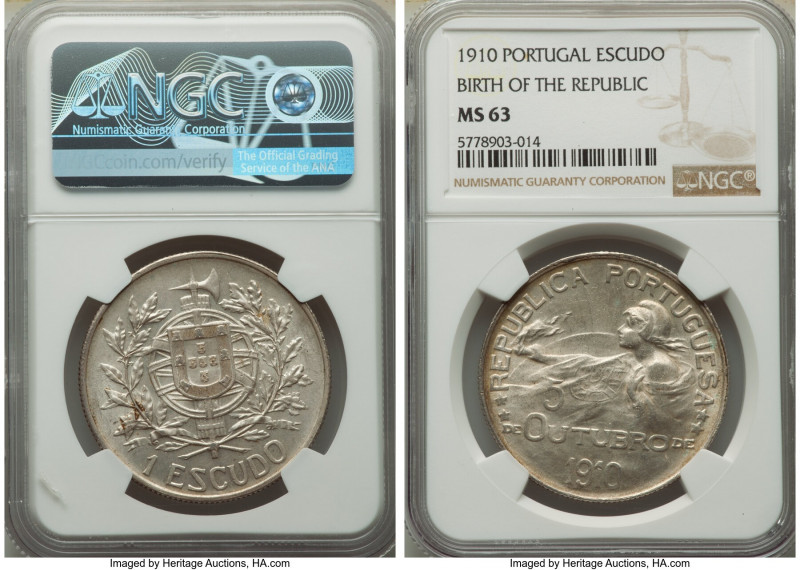 Republic Escudo 1910 MS63 NGC, KM560, Gomes-22.01. Celebrating the Birth of the ...