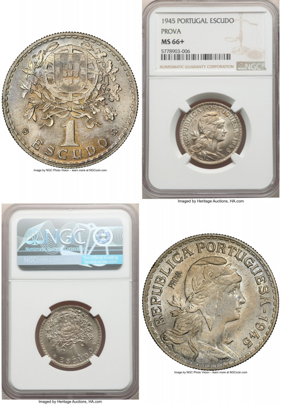 Republic Prova Escudo 1945 MS66+ NGC, cf. KM578 (for type). Stamped with incuse ...