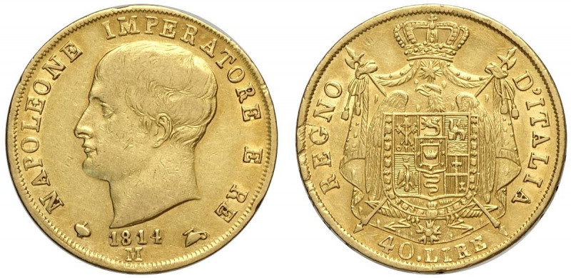 Milano, Napoleone I Re d'Italia, 40 Lire 1814 puntali sagomati, Au mm 26 buon BB