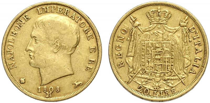 Milano, Napoleone I Re d'Italia, 20 Lire 1808 del secondo tipo, Au mm 21 BB