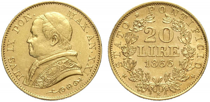Roma, Pio IX, 20 Lire 1866 anno XXI, Au g 6,45 BB-SPL