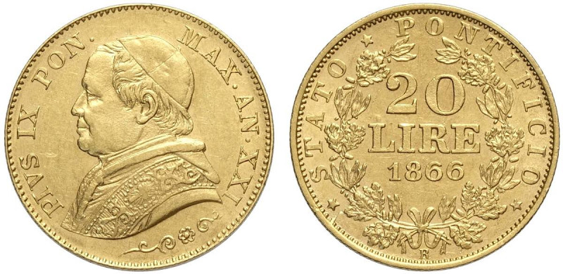 Roma, Pio IX, 20 Lire 1866 anno XXI, Au g 6,45 BB-SPL