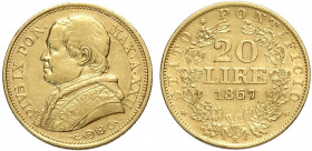 Roma, Pio IX, 20 Lire 1867 anno XXII, Au g 6,45 BB+
