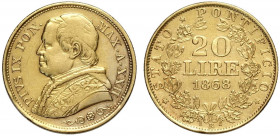 Roma, Pio IX, 20 Lire 1868 anno XXII, Au g 6,45 BB