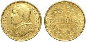 Roma, Pio IX, 20 Lire 1869 anno XXIV, Au g 6,45 BB-SPL
