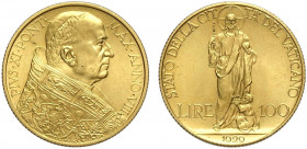 Roma, Pio XI, 100 Lire 1929, Non comune Au g 8,80 FDC