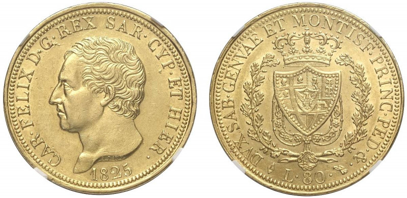 Savoia, Carlo Felice, 80 Lire 1825 Torino, Au g 25,80 buon SPL, in Slab NGC AU58...