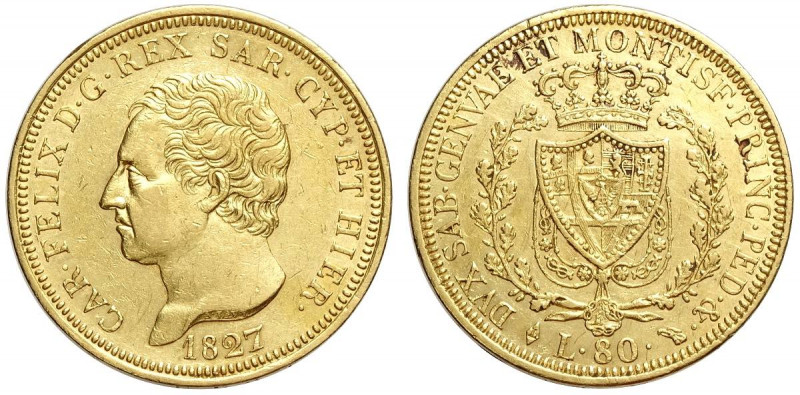 Savoia, Carlo Felice, 80 Lire 1827 Torino, Au mm 33 BB+