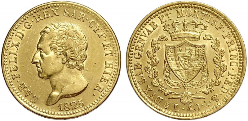 Savoia, Carlo Felice, 40 Lire 1825 Genova, RR Au mm 26 leggermente lucidata, BB-...
