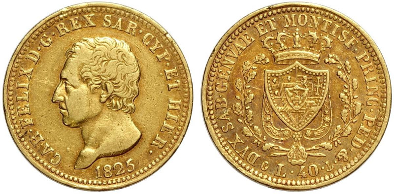 Savoia, Carlo Felice, 40 Lire 1825 Genova, RR Au mm 26 q.BB