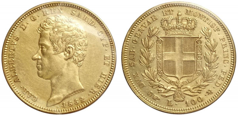 Savoia, Carlo Alberto, 100 Lire 1832 Torino, Au mm 34 sigillata SPL da Perito Nu...