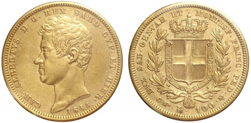 Savoia, Carlo Alberto, 100 Lire 1833 Torino, non comune Au mm 34 sigillata SPL d...
