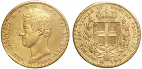 Savoia, Carlo Alberto, 100 Lire 1833 Torino, non comune Au mm 34 sigillata SPL da Perito Numismatico, si segnala una lieve pulitura