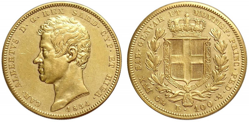 Savoia, Carlo Alberto, 100 Lire 1834 Genova, non comune Au mm 34 BB-SPL