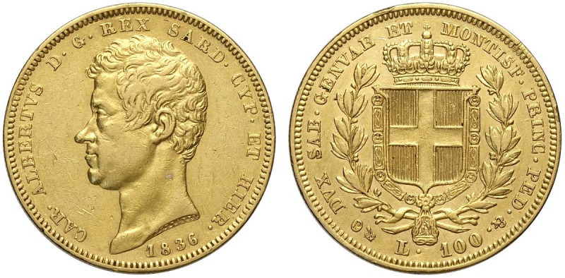 Savoia, Carlo Alberto, 100 Lire 1836 Genova, Au g 32,25 colpo al bordo, BB