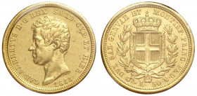 Savoia, Carlo Alberto, 50 Lire 1833 Genova, RRR Au mm 27 sigillata A. Bazzoni senza indicazione delle conservazione, BB+