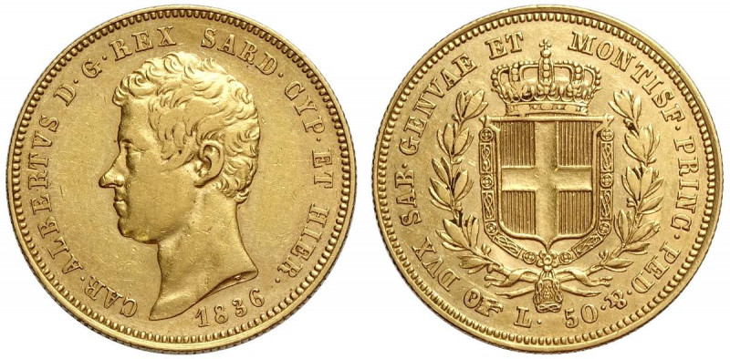 Savoia, Carlo Alberto, 50 Lire 1836 Torino, RR Au mm 27 BB+