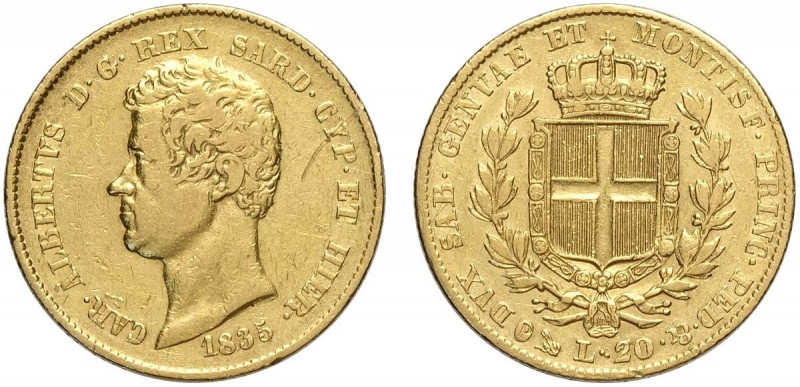 Savoia, Carlo Alberto, 20 Lire 1835 Genova, Au g 6,45 MB-BB