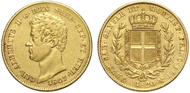 Savoia, Carlo Alberto, 20 Lire 1847 senza segno di zecca, RR Au g 6,45 buon BB