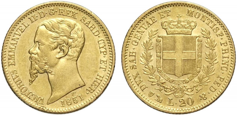 Savoia, Vittorio Emanuele II Re di Sardegna, 20 Lire 1851 Genova, Au g 6,45 BB-S...