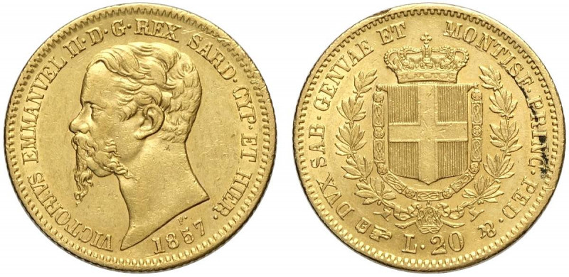 Savoia, Vittorio Emanuele II Re di Sardegna, 20 Lire 1857 Torino, Au g 6,45 colp...