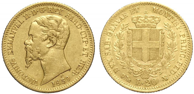 Savoia, Vittorio Emanuele II Re di Sardegna, 20 Lire 1859 Genova, Au g 6,45 BB-S...