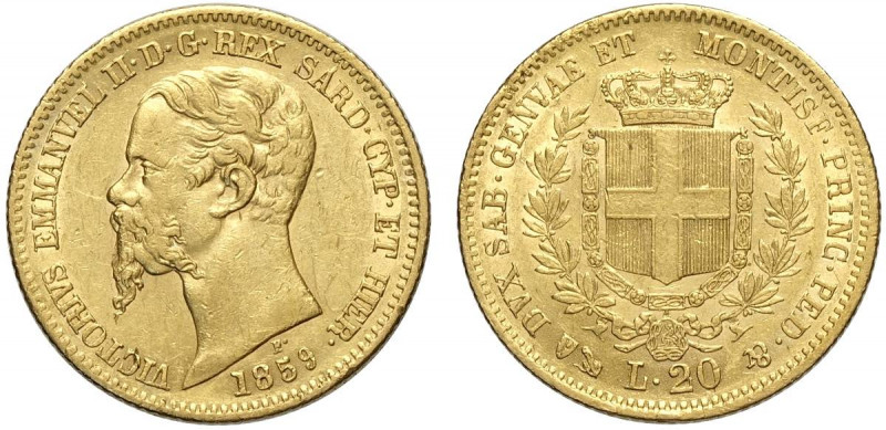 Savoia, Vittorio Emanuele II Re di Sardegna, 20 Lire 1859 Torino, Au g 6,45 q.SP...