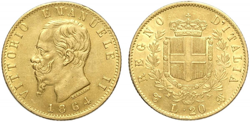Regno d'Italia, Vittorio Emanuele II, 20 Lire 1864-T, Non comune, Au g 6,45 colp...