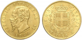 Regno d'Italia, Vittorio Emanuele II, 20 Lire 1864-T, Non comune, Au g 6,45 colpetto, q.SPL