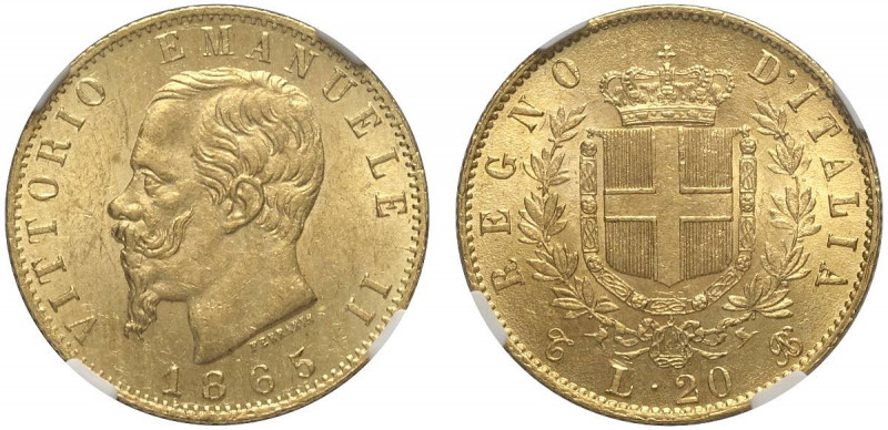 Regno d'Italia, Vittorio Emanuele II, 20 Lire 1865-T, Au g 6,45 In Slab NGC MS63...