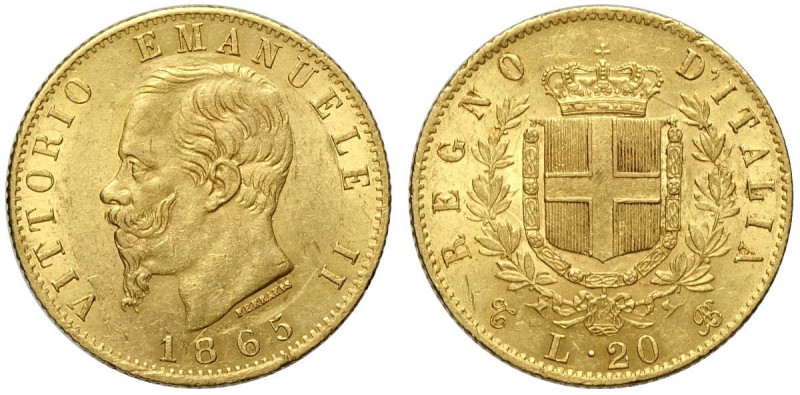 Regno d'Italia, Vittorio Emanuele II, 20 Lire 1865-T, Au g 6,45 BB-SPL