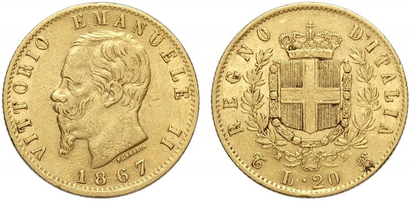 Regno d'Italia, Vittorio Emanuele II, 20 Lire 1867-T, Au g 6,45 q.BB