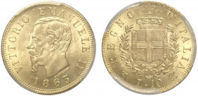 Regno d'Italia, Vittorio Emanuele II, 10 Lire 1863-T, Au g 3,22 In Slab PCGS MS64 (cert. 33124692)