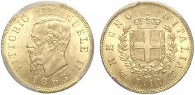 Regno d'Italia, Vittorio Emanuele II, 10 Lire 1863-T, Au g 3,22 In Slab PCGS MS64 (cert. 33124438)