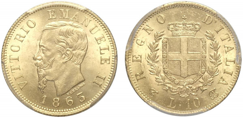Regno d'Italia, Vittorio Emanuele II, 10 Lire 1863-T, Au g 3,22 In Slab PCGS MS6...